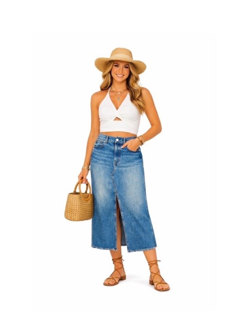 Women's High-Rise Midi Denim Skirt with Front Slit - Blue